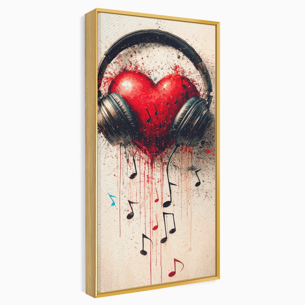 Tablou canvas cu tablou canvas cu inima rosie si casti audio, in rama de aluminiu auriu